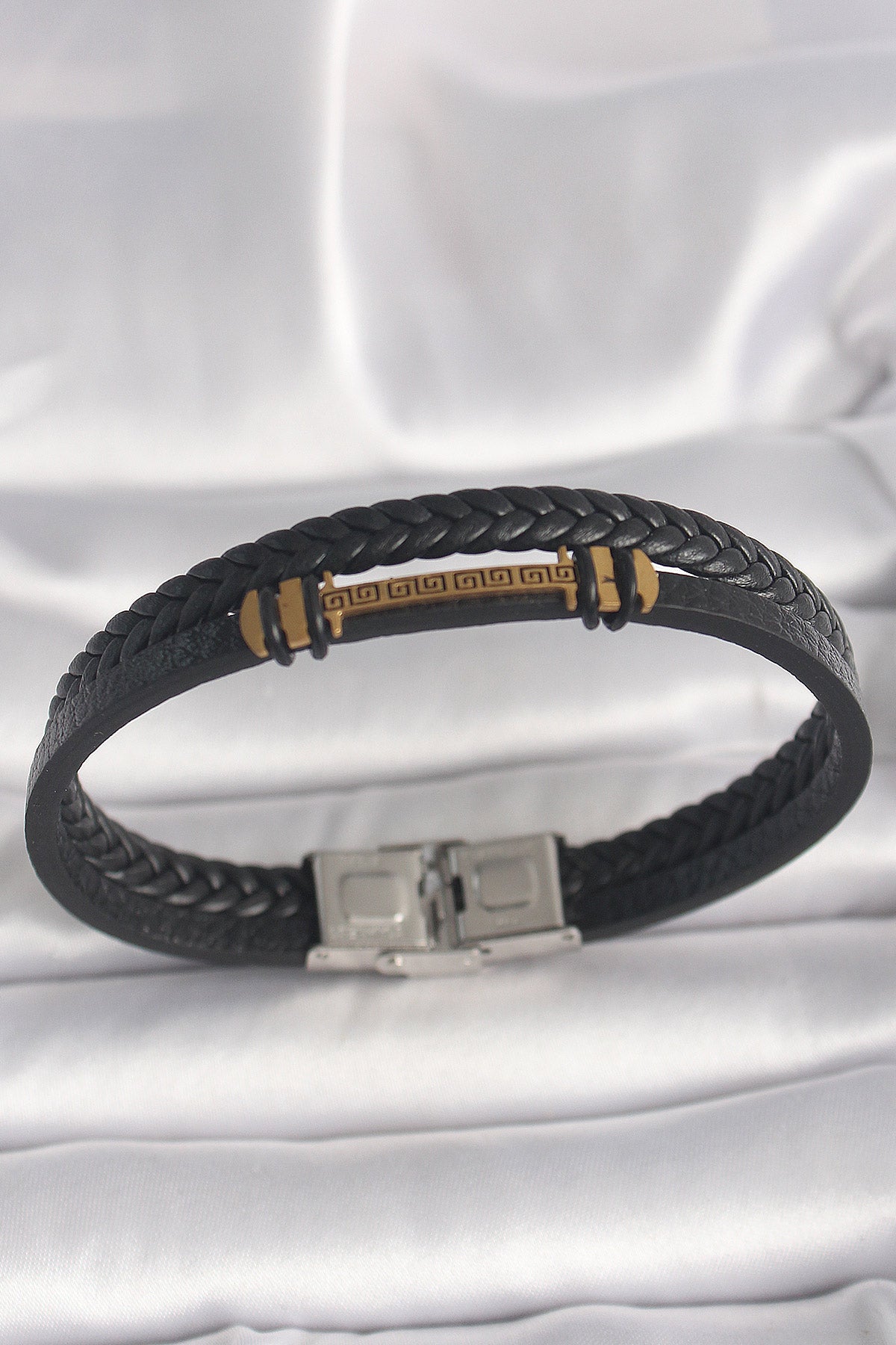 316L Çelik Gold Renk ZikZak İşlemeli Aksesuarlı Çift Sıra Burgu Desenli Deri Kordon Erkek Bileklik