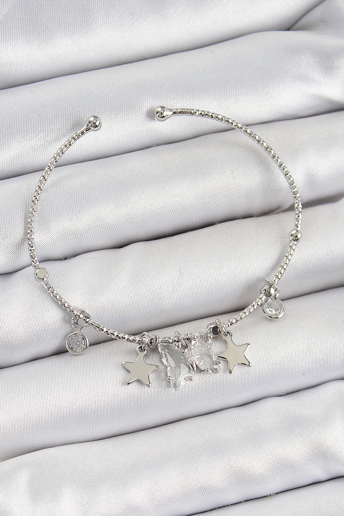 Pirinç Zirkon Taşlı Kelebek Ve Yıldız Model Gümüş Renk Charm Bileklik