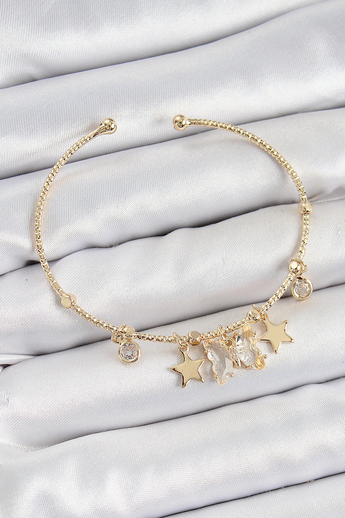 Pirinç Zirkon Taşlı Kelebek Ve Yıldız Model Gold Renk Charm Bileklik