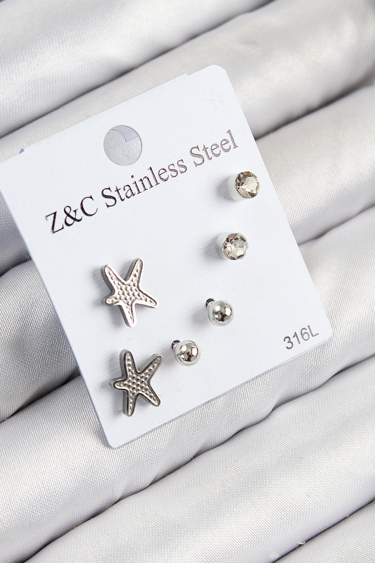 316L Çelik Zirkon Taşlı Deniz Yıldızı Model Gümüş Renk Kadın Set Küpe