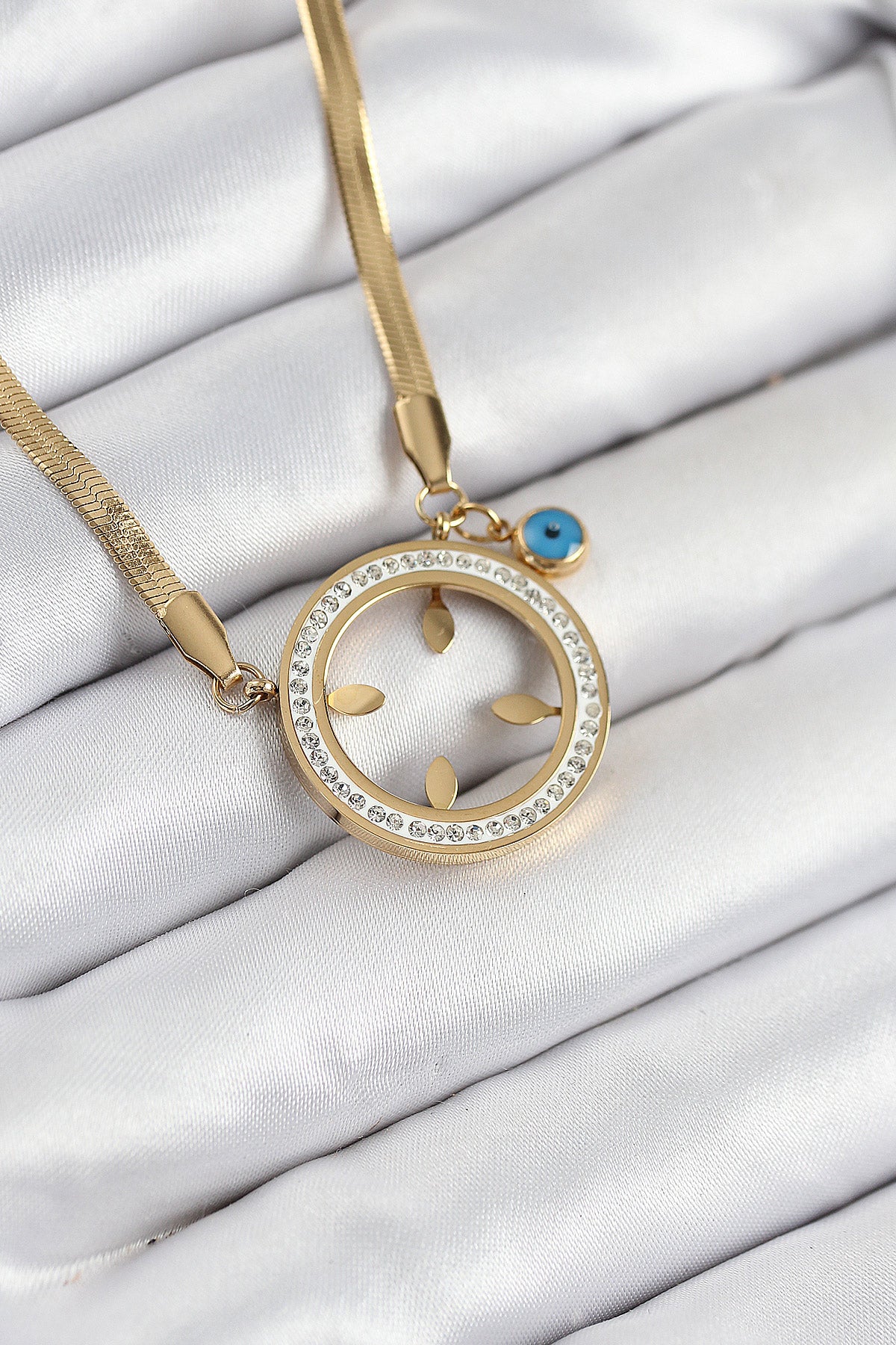 316L Çelik Zirkon Taşlı Çeyrek Takılabilir Gold Renk Kadın Kolye