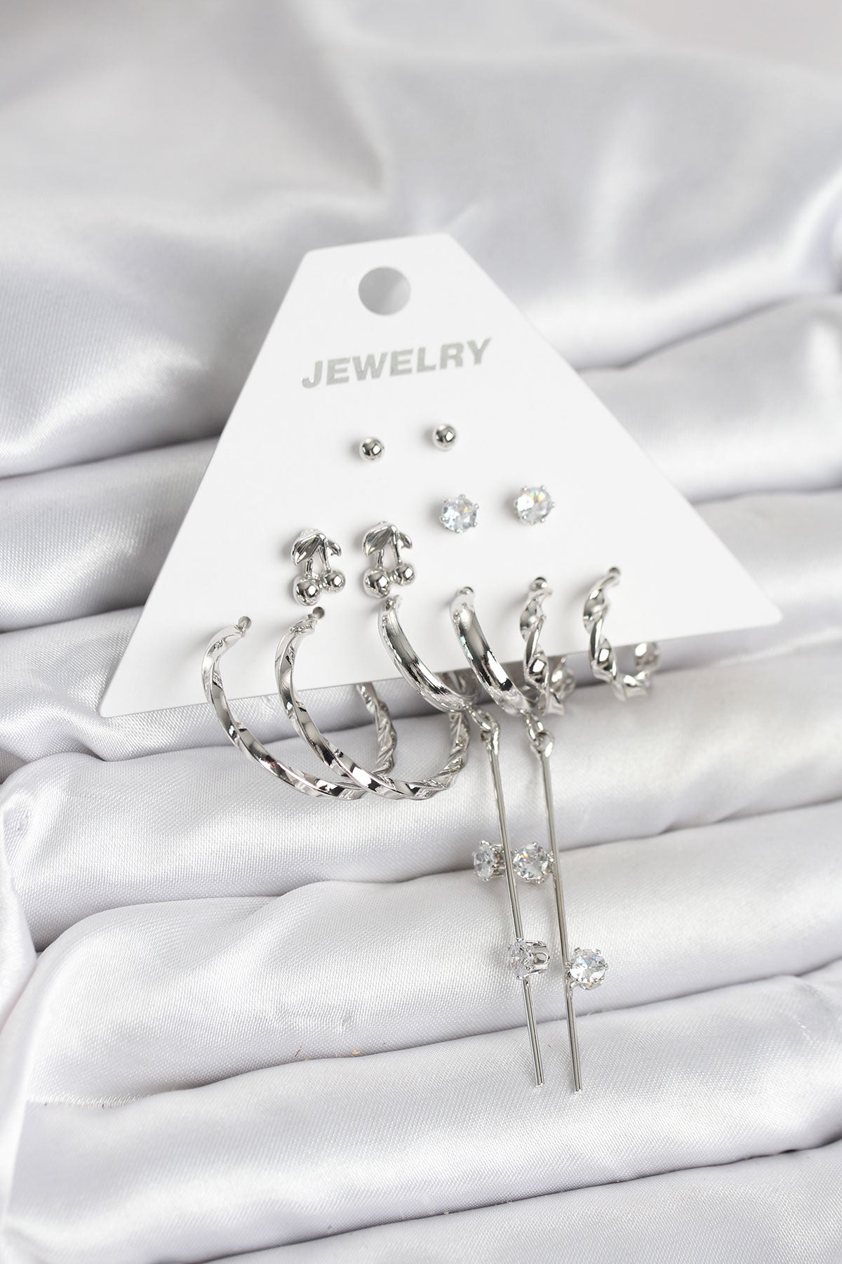 Gümüş Renk Pirinç 6'lı Kadın Küpe Seti