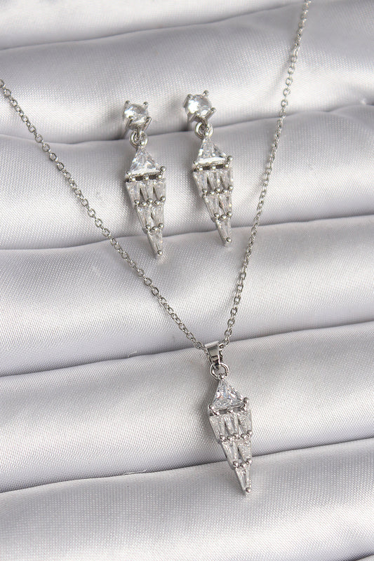 316L Çelik Gümüş Renk Zincir Sallantı Zirkon Taş Model Kadın Kolye Küpe Seti