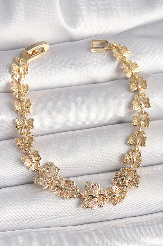 Pirinç Gold Renk Zirkon Taşlı Kelebek Model Zincir Kadın Bileklik