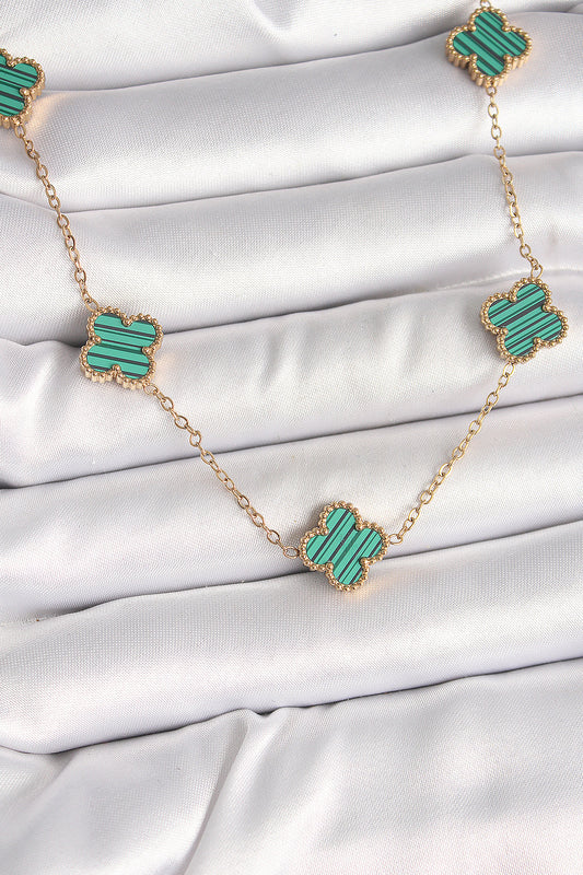 316L Çelik Gold Renk Zincir Yeşil Yonca Model Kadın Kolye