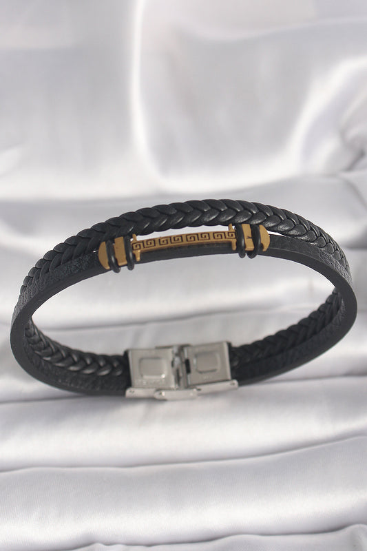 316L Çelik Gold Renk ZikZak İşlemeli Aksesuarlı Çift Sıra Burgu Desenli Deri Kordon Erkek Bileklik