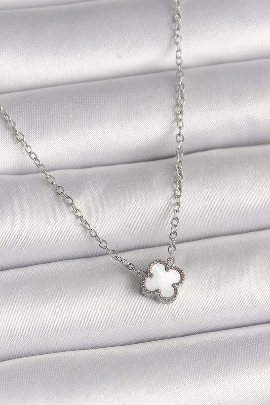 316L Çelik Gümüş Renk Beyaz Yonca Model Kadın Kolye