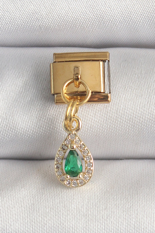 316L Çelik Gold Renk Sallantı Damla Yeşil Zirkon Taşlı Nomination Charm