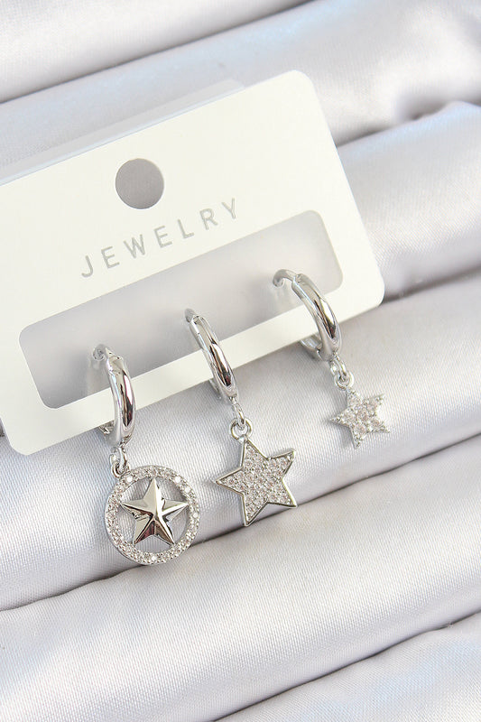 Pirinç Zirkon Taşlı Yıldız Model Gümüş Renk 3'lü Çift Kadın Küpe Set