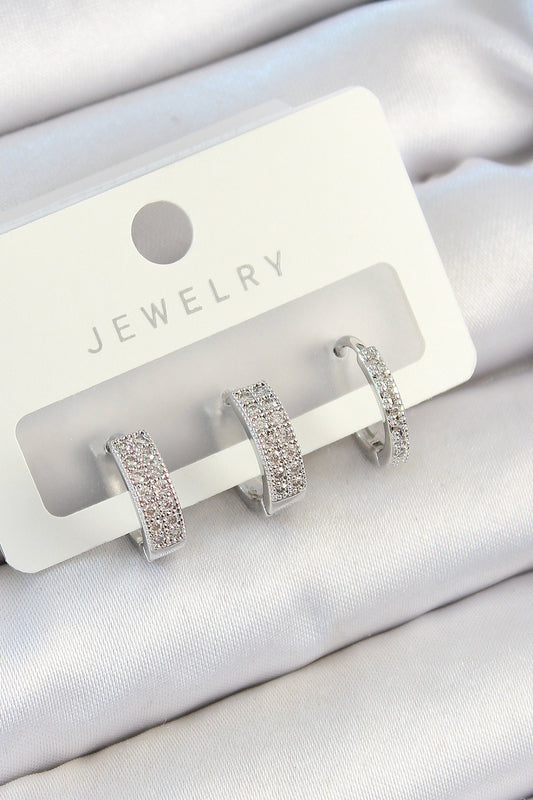 Pirinç Zirkon Taşlı Halka Model Gümüş Renk 3'lü Çift Kadın Küpe Set