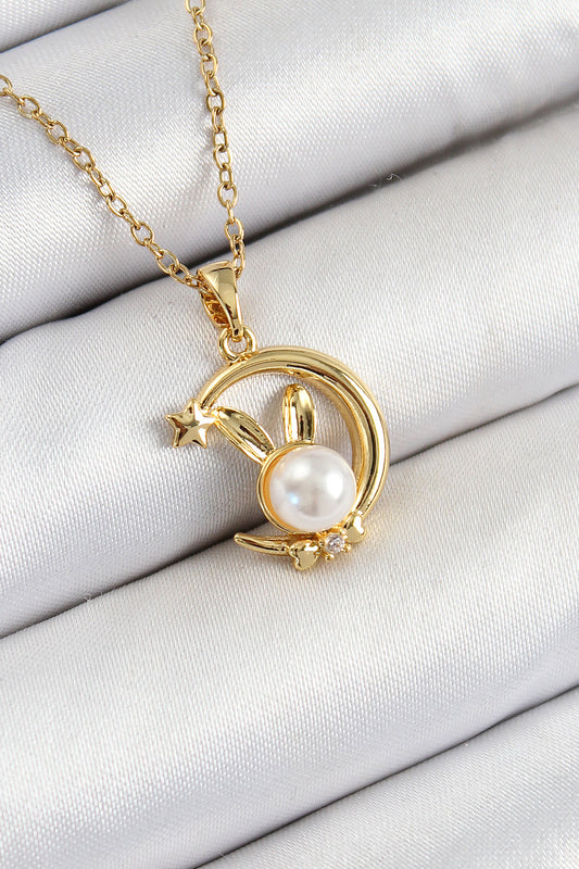 316L Çelik İnci Detaylı Hilal Tavşan Model Gold Renk Kadın Kolye