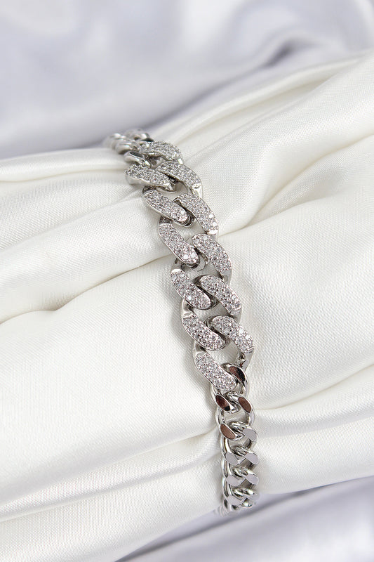 Pirinç Zirkon Taşlı Küba Zincir Model Gümüş Renk Kadın Bileklik