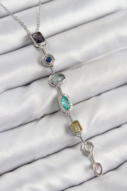 Pirinç Renkli Zirkon Taşlı Model Gümüş Renk 7 Element Kadın Y Kolye