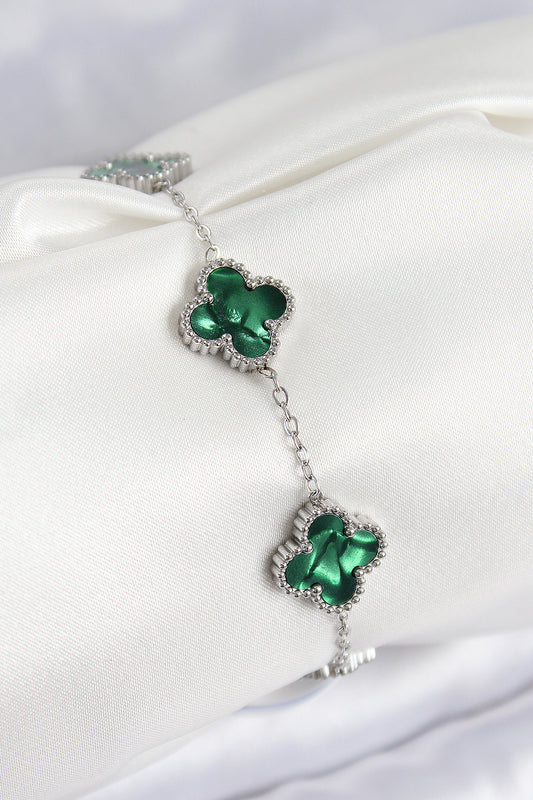 316L Çelik Sedefli Zümrüt Yeşil Gümüş Renk Yonca Kadın Bileklik