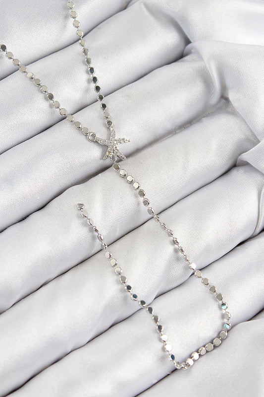 Pirinç Zirkon Taşlı Ezme Zincirli Deniz Yıldızı Model Gümüş Renk Y Kolye