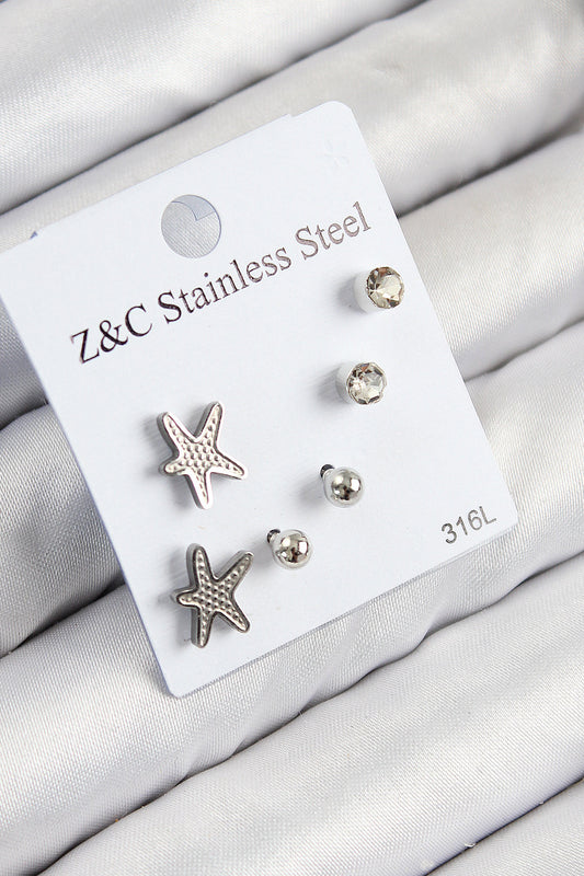 316L Çelik Zirkon Taşlı Deniz Yıldızı Model Gümüş Renk Kadın Set Küpe