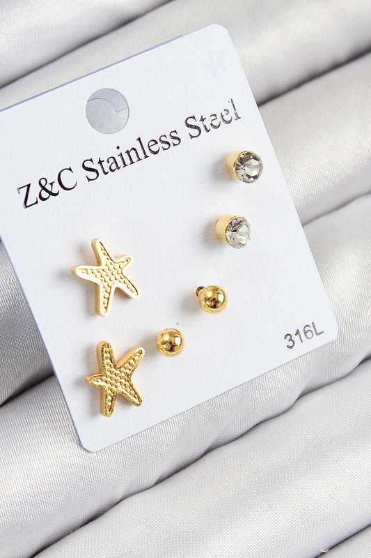 316L Çelik Zirkon Taşlı Deniz Yıldızı Model Gümüş Renk Kadın Set Küpe