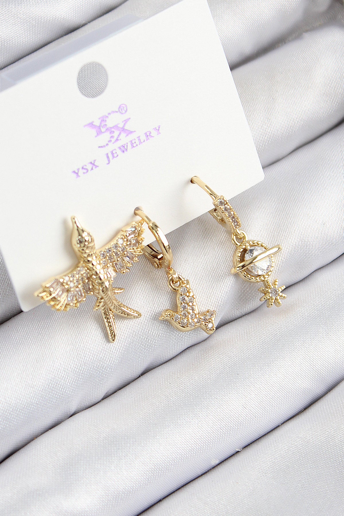 Pirinç Zirkon Taşlı 3'lü Kuş Model Gold Renk Kadın Küpe