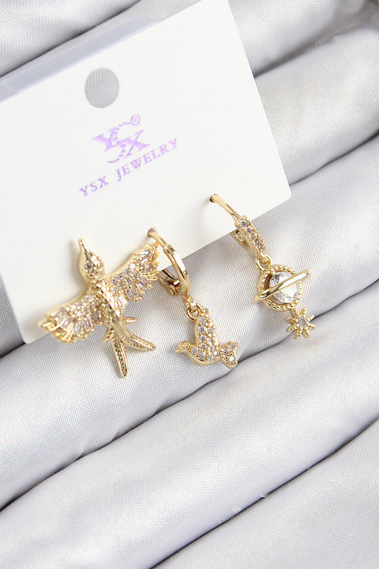 Pirinç Zirkon Taşlı 3'lü Kuş Model Gold Renk Kadın Küpe