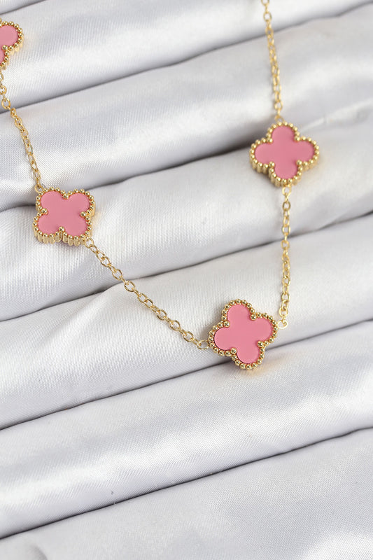 316L Çelik Zincir Gold Pembe Renk Yonca Kadın Kolye