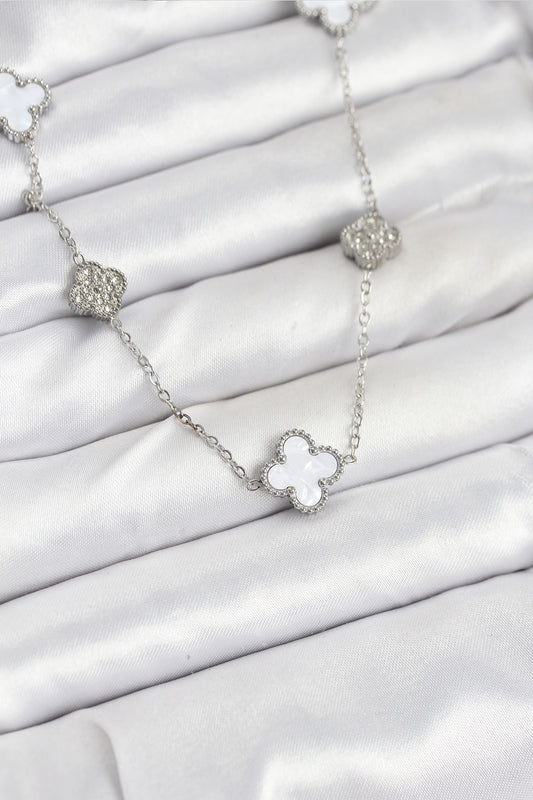 316L Çelik Zincir Gümüş Renk Beyaz ve Zirkon Taşlı Yonca Kadın Kolye