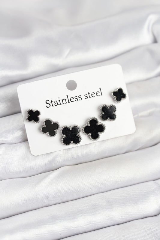 316L Çelik Gümüş Siyah Renk 3 Boy Yonca Küpe Seti