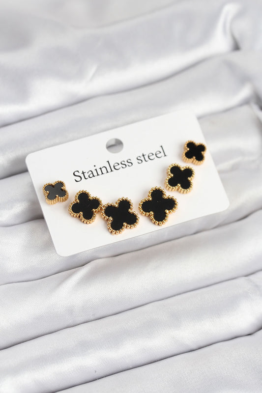 316L Çelik Gold Siyah Renk 3 Boy Yonca Küpe Seti