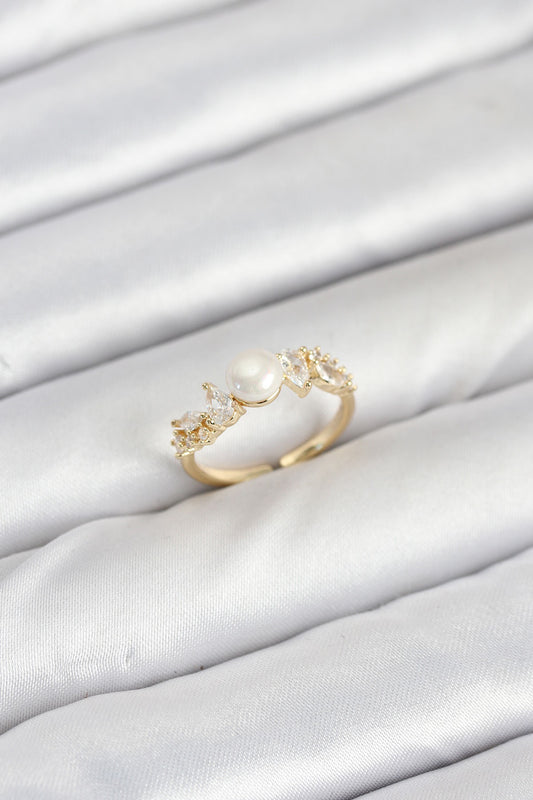 Pirinç Gold Renk Zirkon Taşlı İncili Model Kadın Yüzük