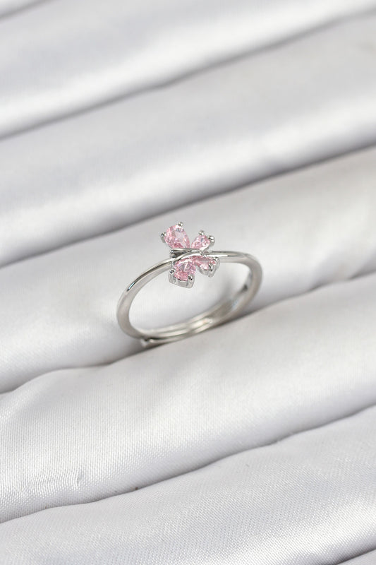 Pirinç Gümüş Renk Pembe Kelebek Kadın Yüzük