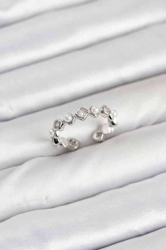 Pirinç Gümüş Renk Zirkon Taşlı İncili Kadın Yüzük