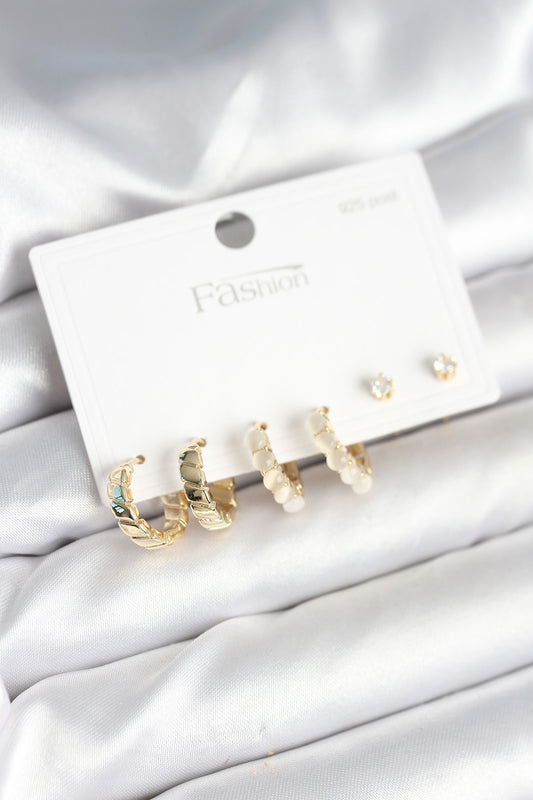 Gold Renk Pirinç Halka 925 Ayar Gümüş Çivili Kadın Küpe Seti