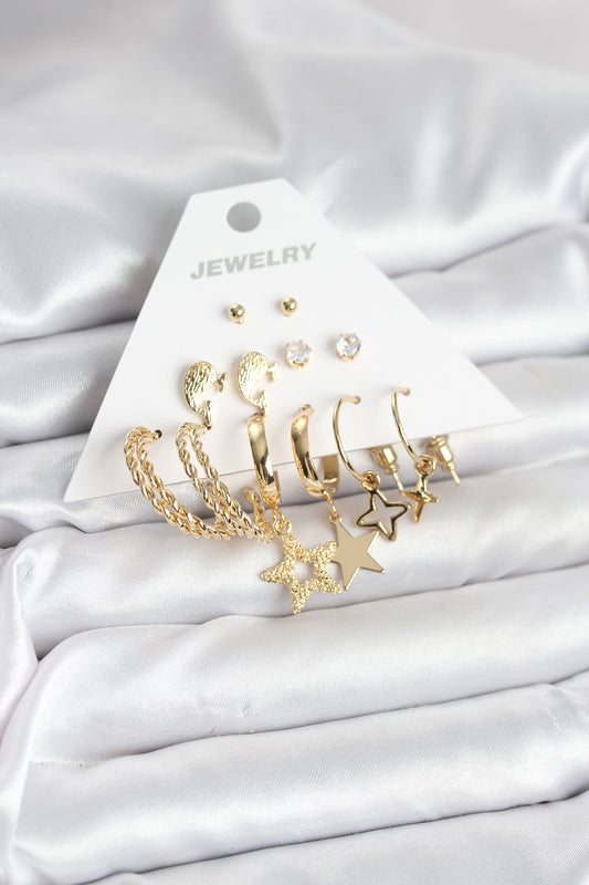 Gold Renk Yıldızlı Set 6 Çift Kadın Küpe Seti