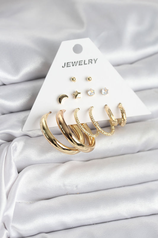 Gold Renk 6 Çiftli Pirinç Kadın Küpe Seti