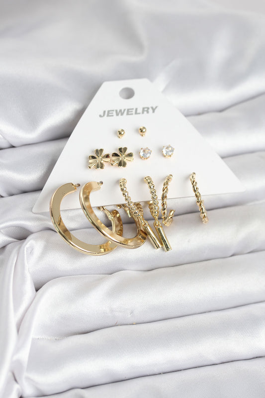 Pirinç Gold Renk 6 Çift Kadın Küpe Seti