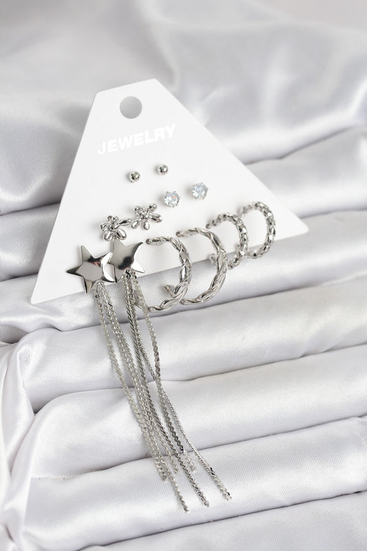 Gümüş Renk Pirinç 6 Çift Kadın Küpe Seti