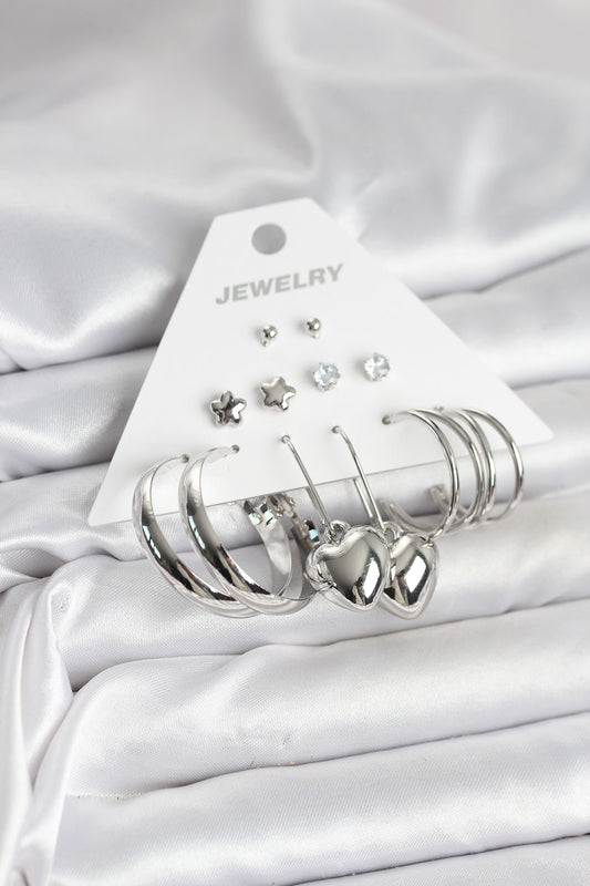 Pirinç Gümüş Renk 6 Çift Kadın Küpe Seti