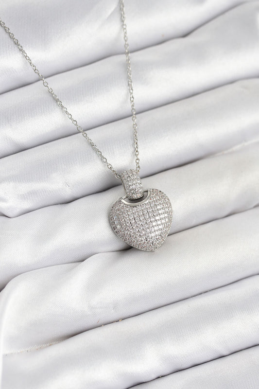 316L Çelik Zincir Gümüş Renk Zirkon Taşlı Kalpli Kadın Kolye