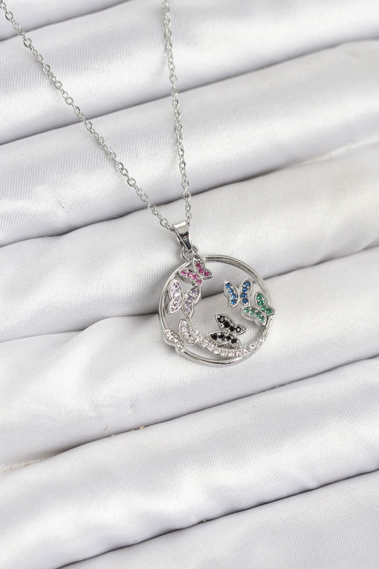 316L Çelik Zincir Gümüş Renk Zirkon Taşlı Kelebekli Kadın Kolye