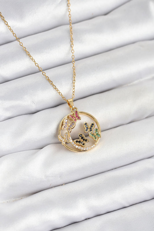 316L Çelik Zincir Gold Renk Zirkon Taşlı Kelebekli Kadın Kolye