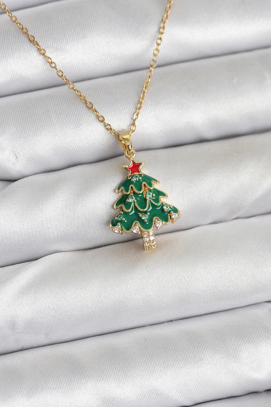316L Çelik Zincir Gold Renk Çam Ağacı Model Yılbaşı Temalı Kadın Kolye